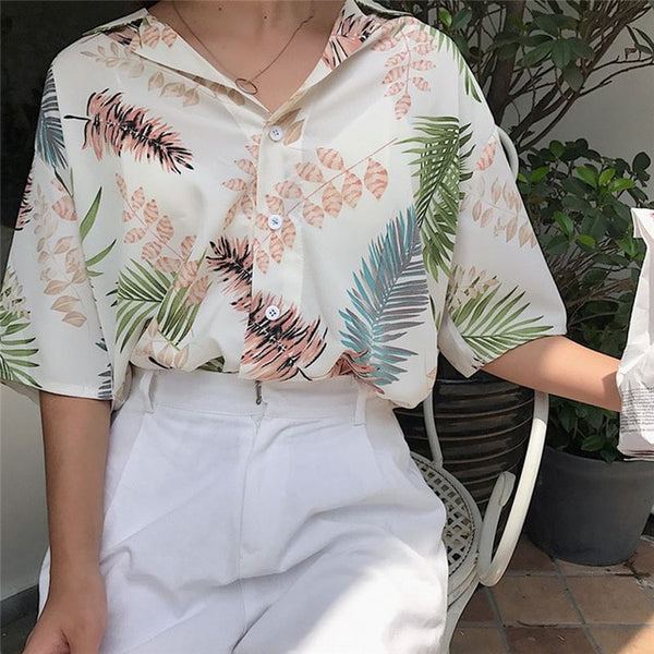 hirigin New Chiffon Womens Casual One size Blouses Female Hawaiian Fashion Floral Short Sleeve Shirts Ladies Summer Loose Tops