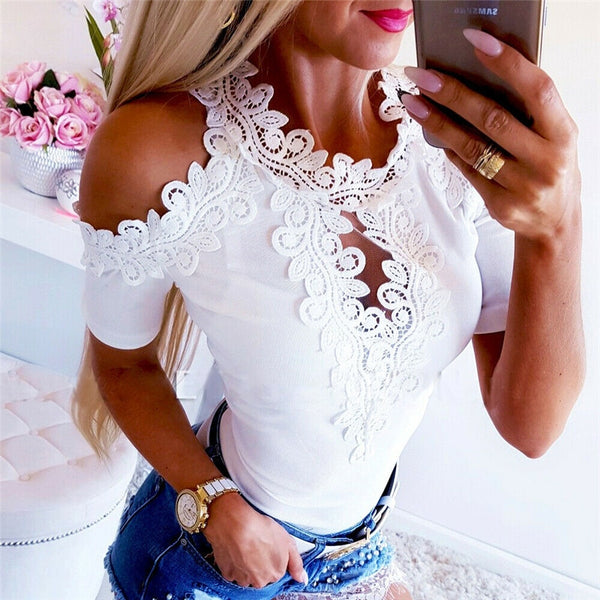 Women Lace Blouse Fashion Short Sleeve Blouses Top Casual Off Shoulder Blouse Tops Womens Blouses And Tops Casual Ladies Shirts