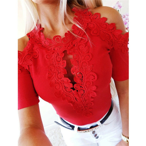 Women Lace Blouse Fashion Short Sleeve Blouses Top Casual Off Shoulder Blouse Tops Womens Blouses And Tops Casual Ladies Shirts