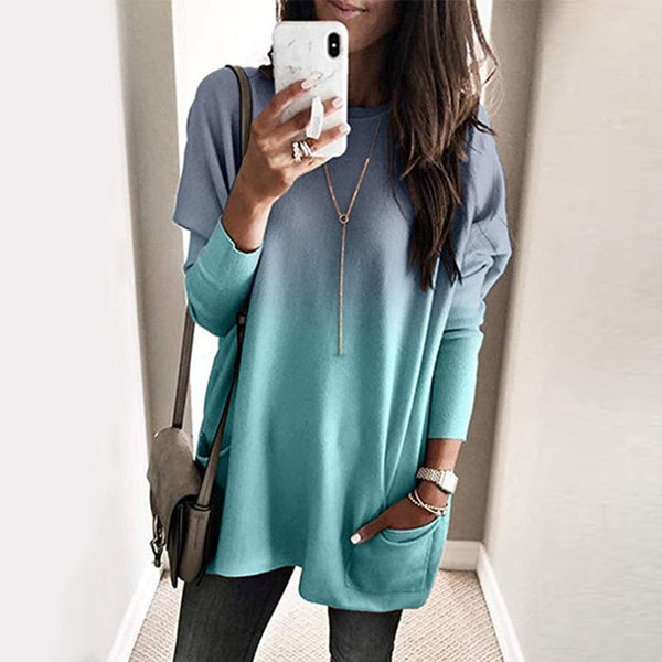 Fashion O-neck Long Sleeve Gradient Color Loose Casual Dress Women 2019 Autumn Pocket Long Tops Plus Size Ladies Dresses