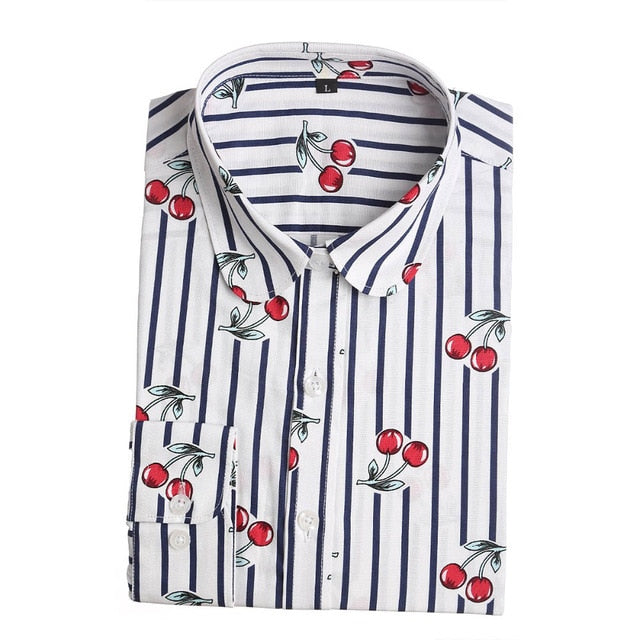 Dioufond Cotton Long Sleeve Women Blouses School Work Office Shirts Casual Tops Ladies Cherry Print Shirt Women Fashion Clothing