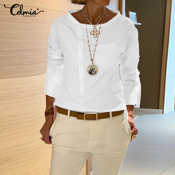 5XL Fashion Shirt 2020 Autumn Long Sleeve Buttons Casual Blouses Celmia Women's Tunic Tops Casual Loose Solid Blusas Femininas 7