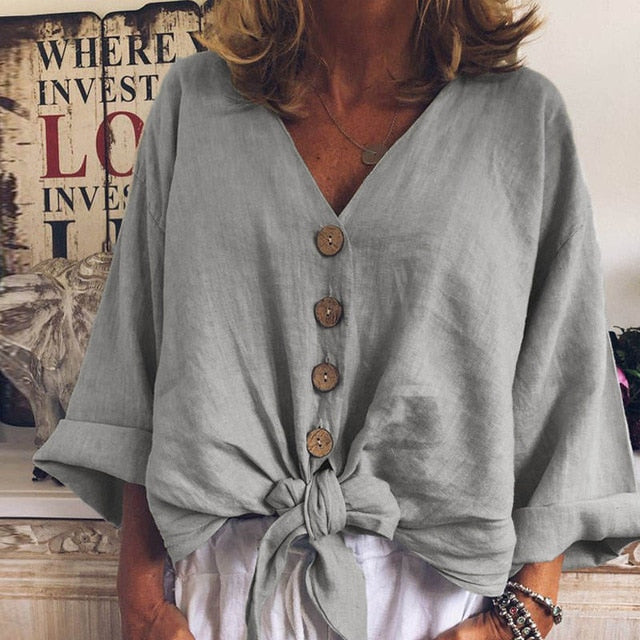 2020 Summer Fashion Blouse ZANZEA Women Long Sleeve Shirt Casual Cotton Linen Tops Sexy V Neck Buttons Down Knot Tunic Plus Size